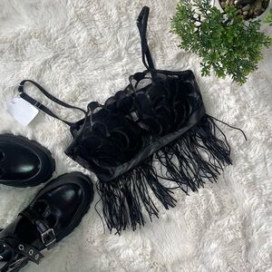 Intimissimi Black Bra with Tassels, Eco Leather & Mesh – Approx. Size Small